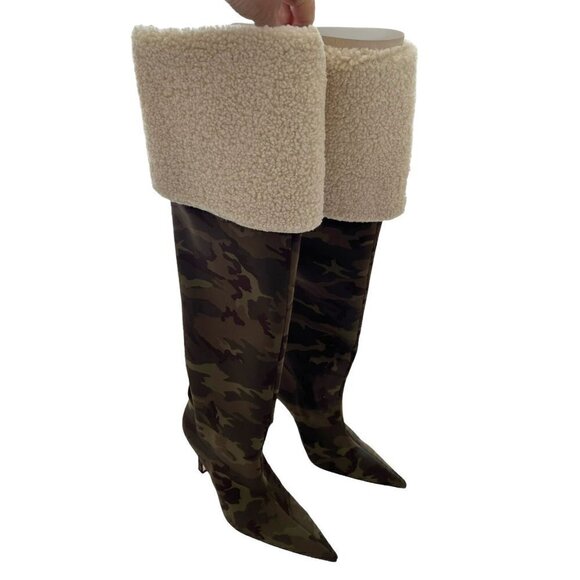 Good American Shoes - Good American Women Sz 7.5 Camouflage Sherpa Calf Thigh High Boots Sold Out NIB